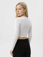 Maglia Crop Donna a Costine Manica Lunga Bianca