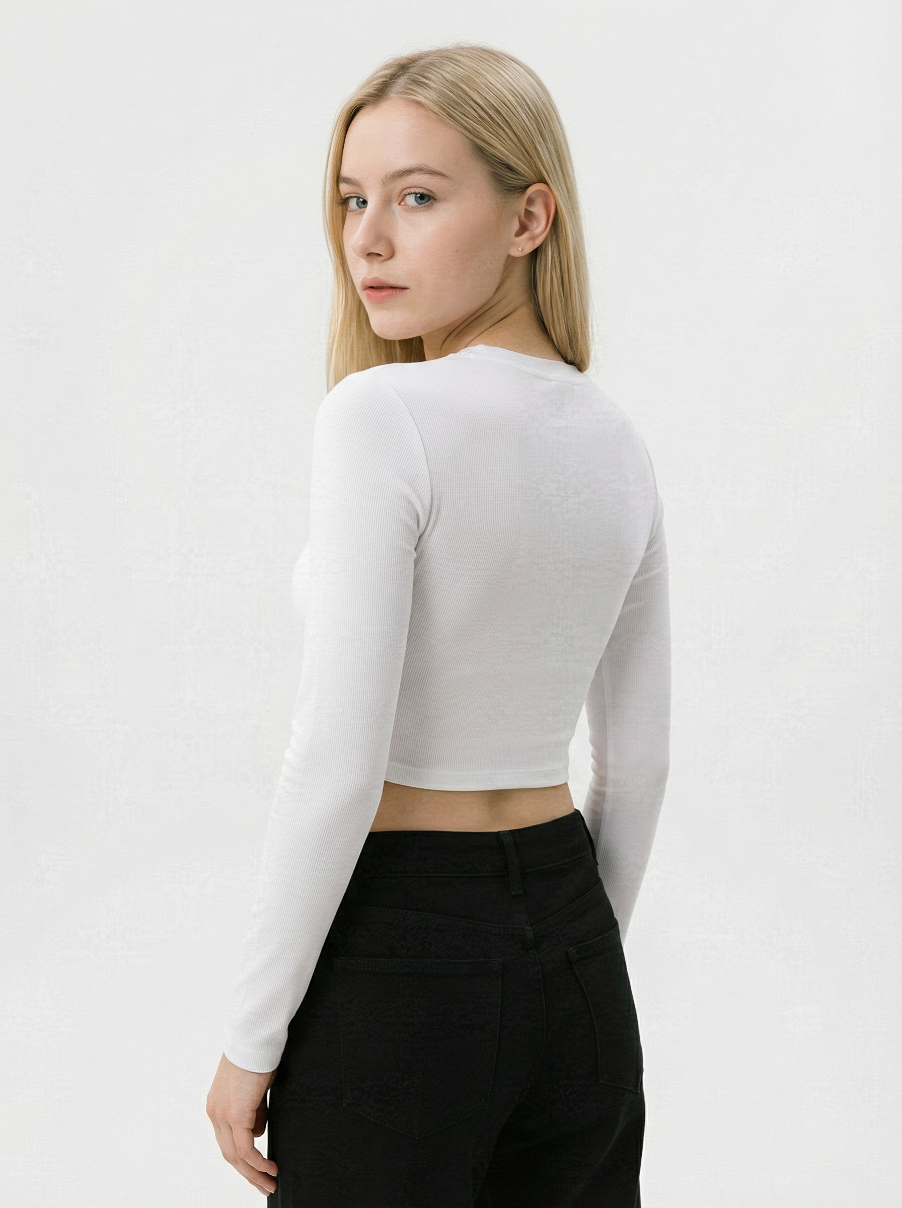 Maglia Crop Donna a Costine Manica Lunga Bianca