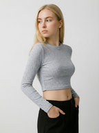 Maglia Crop Top Aderente a Maniche Lunghe con Scollo Rotondo a Costine Grigio