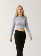 Maglia Crop Top Aderente a Maniche Lunghe con Scollo Rotondo a Costine Grigio
