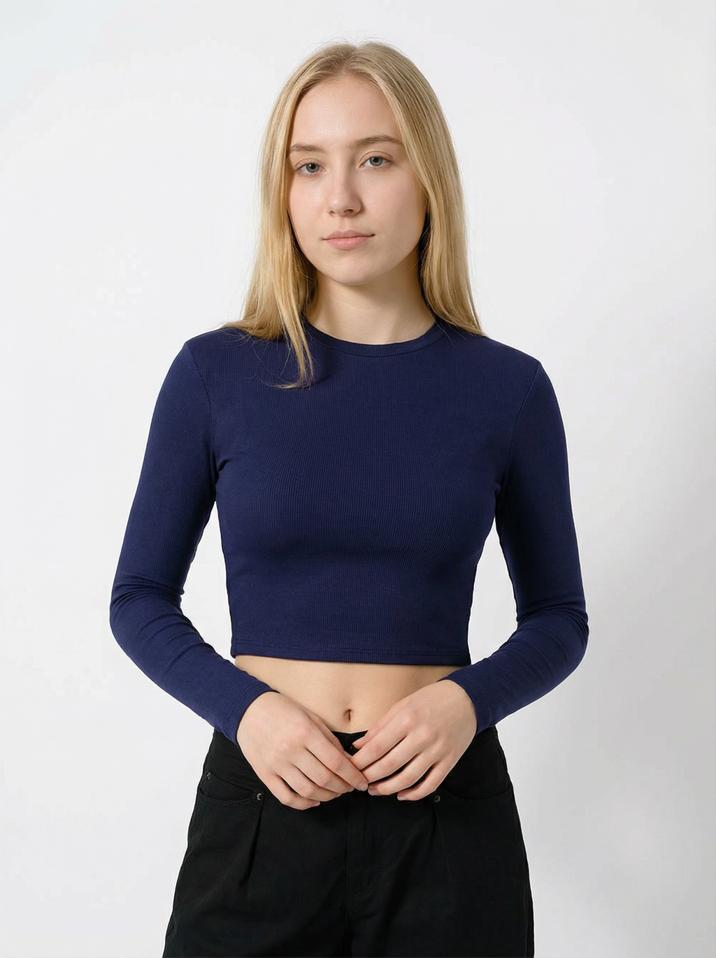 Maglia Crop Top a Maniche Lunghe in Costina Blu Scuro