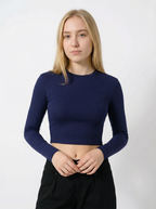 Maglia Crop Top a Maniche Lunghe in Costina Blu Scuro