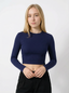 Maglia Crop Top a Maniche Lunghe in Costina Blu Scuro