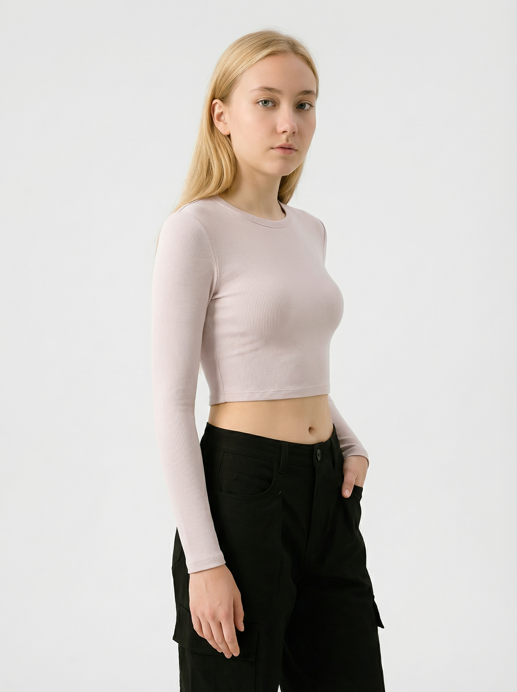 Maglia Crop Top Donna Maniche Lunghe a Costine Girocollo Caffè Chiaro
