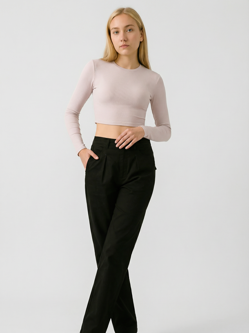 Maglia Crop Top Donna Maniche Lunghe a Costine Girocollo Caffè Chiaro