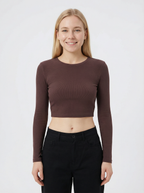 Maglia Top Crop a Maniche Lunghe Girocollo da Donna in Cotone Elasticizzato