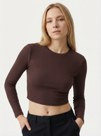 Maglia Top Crop a Maniche Lunghe Girocollo da Donna in Cotone Elasticizzato