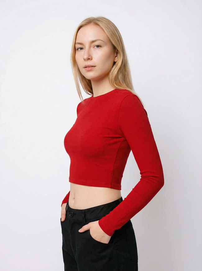 Maglia Top Corto Donna a Maniche Lunghe Rosso in Cotone e Viscosa Hover Image