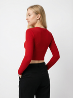 Maglia Top Corto Donna a Maniche Lunghe Rosso in Cotone e Viscosa