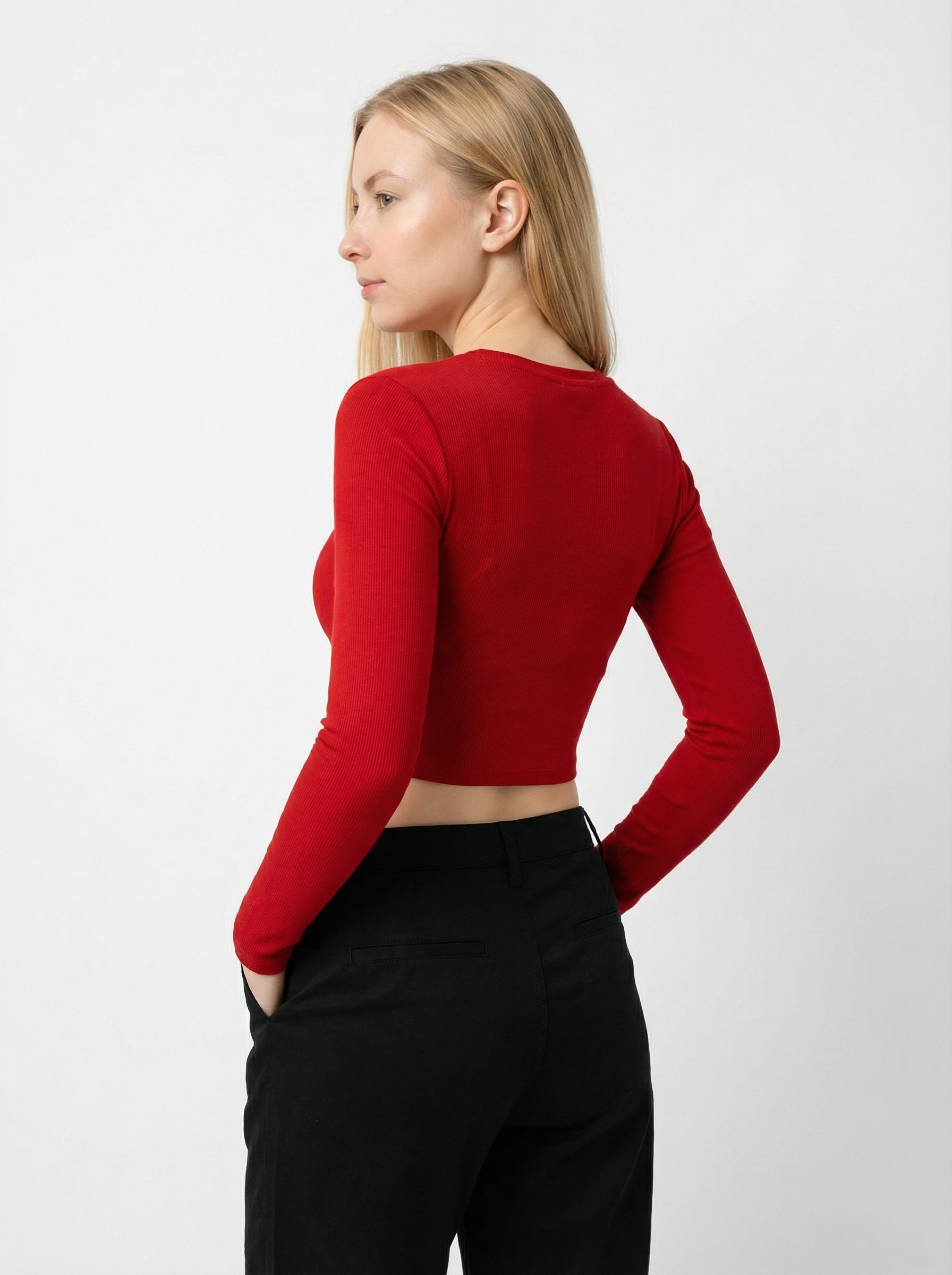 Maglia Top Corto Donna a Maniche Lunghe Rosso in Cotone e Viscosa