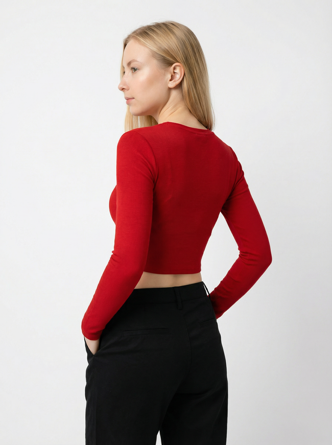 Maglia Top Corto Donna a Maniche Lunghe Rosso in Cotone e Viscosa Main Image