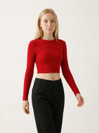 Maglia Top Corto Donna a Maniche Lunghe Rosso in Cotone e Viscosa