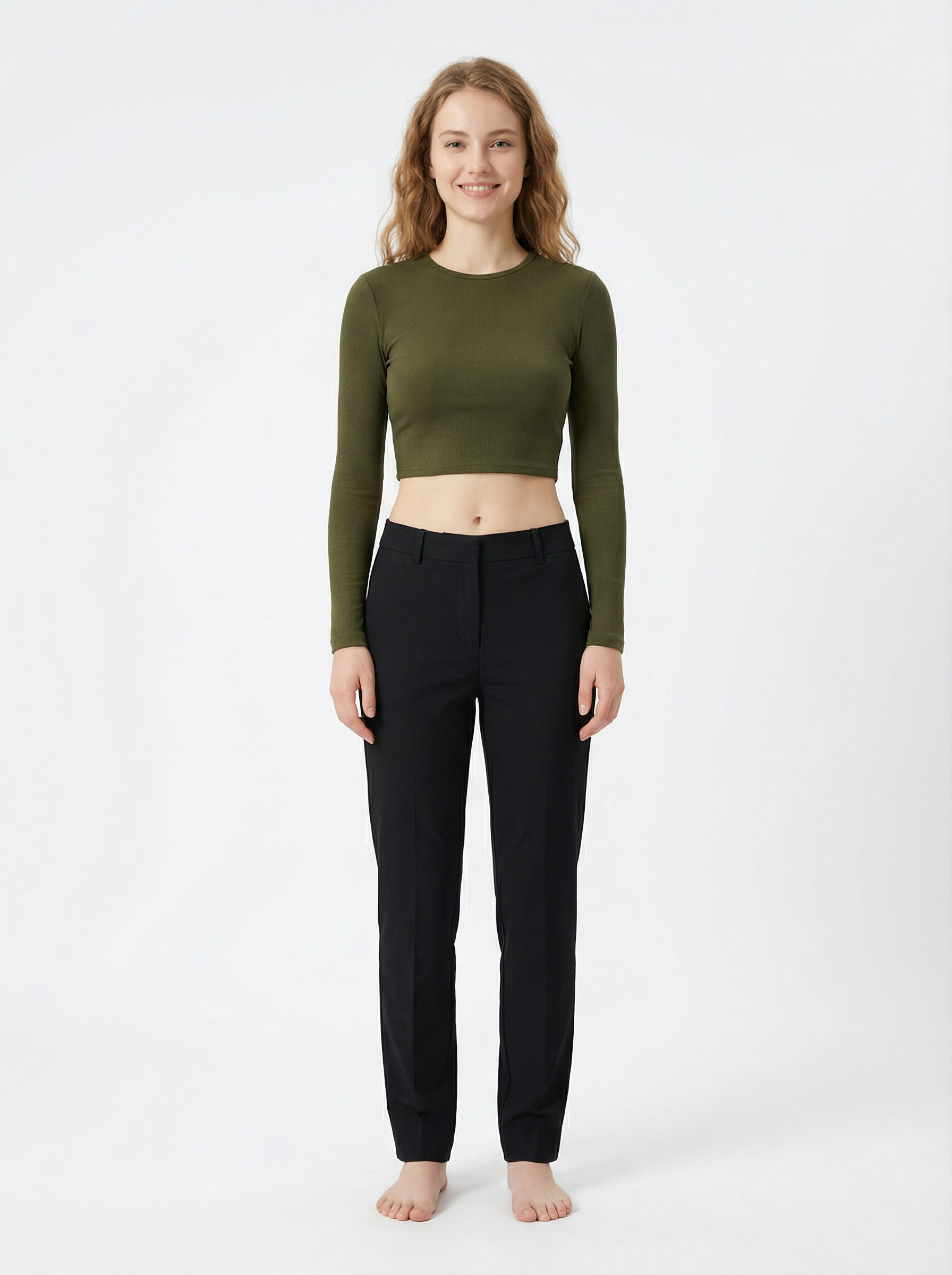 Maglia Top Crop Maniche Lunghe Aderente Verde Militare