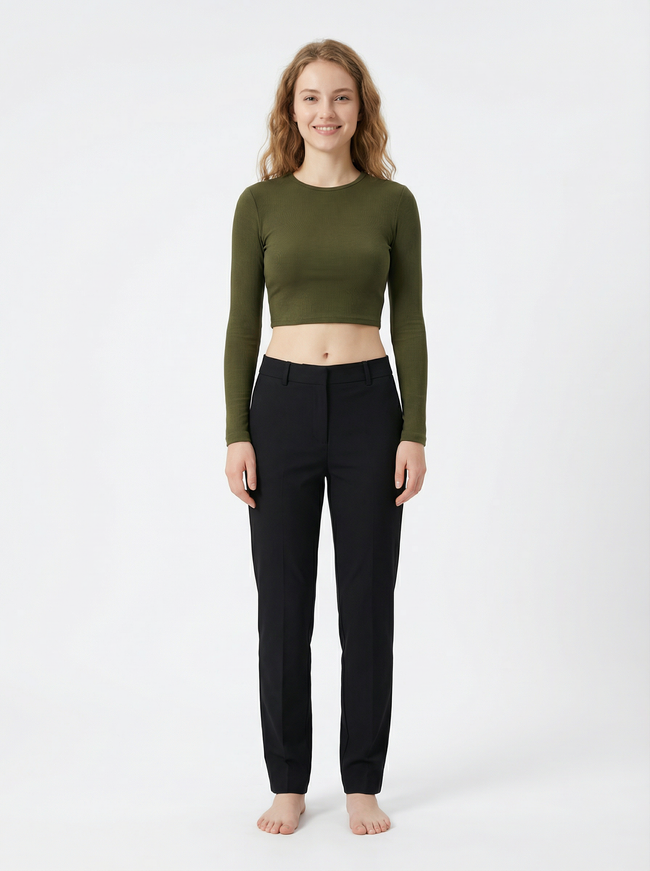 Maglia Top Crop Maniche Lunghe Aderente Verde Militare Hover Image