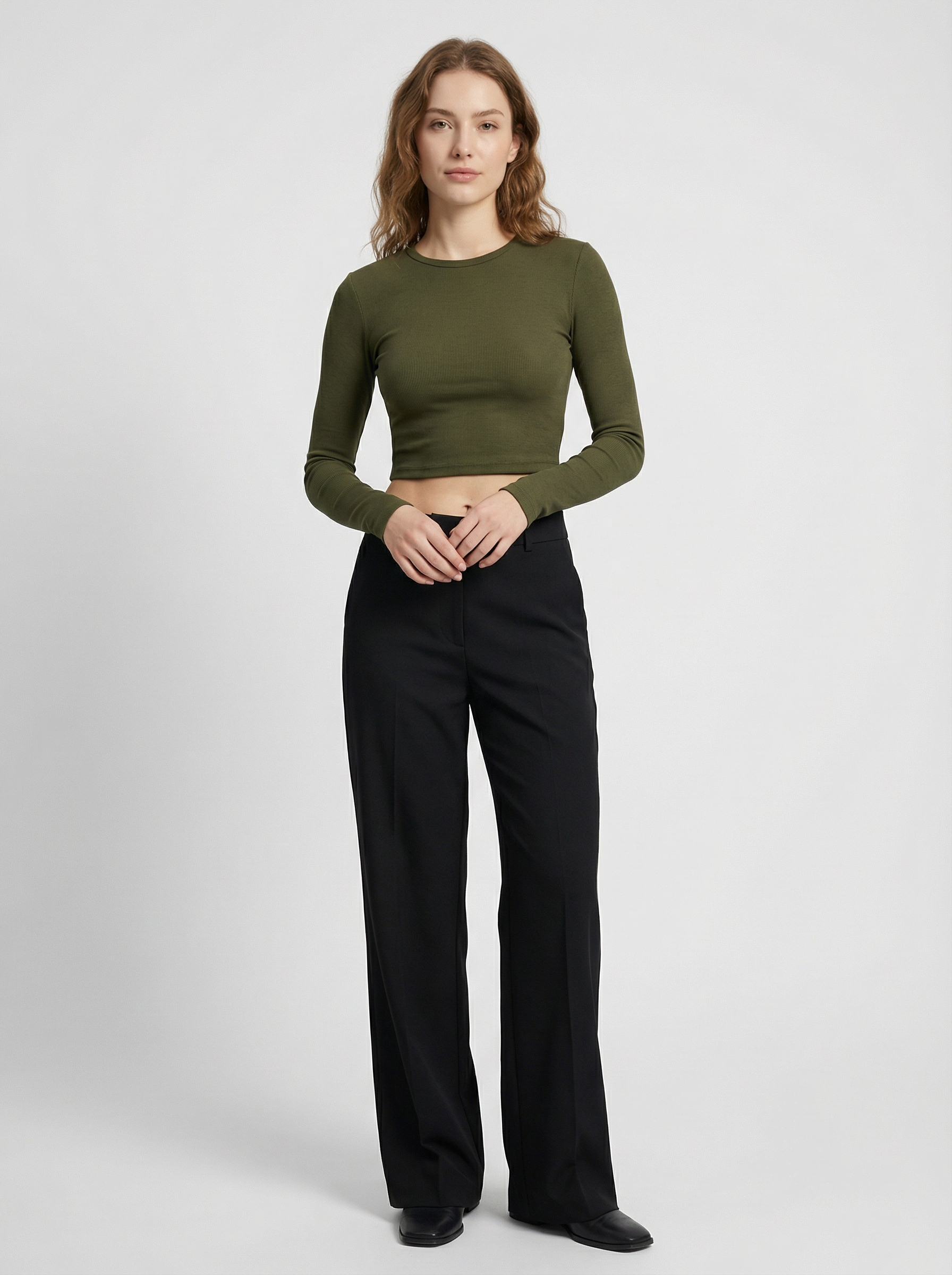 Maglia Top Crop Maniche Lunghe Aderente Verde Militare