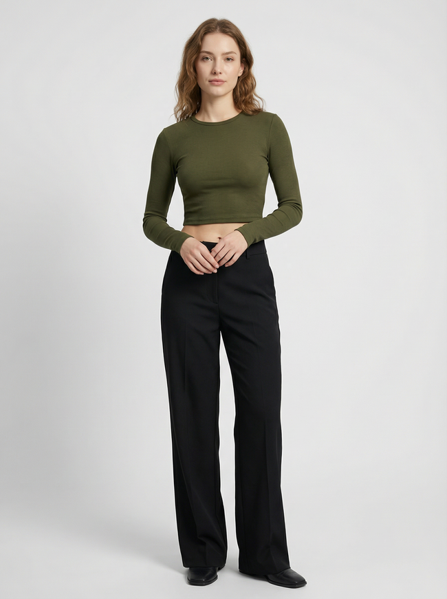 Maglia Top Crop Maniche Lunghe Aderente Verde Militare Main Image