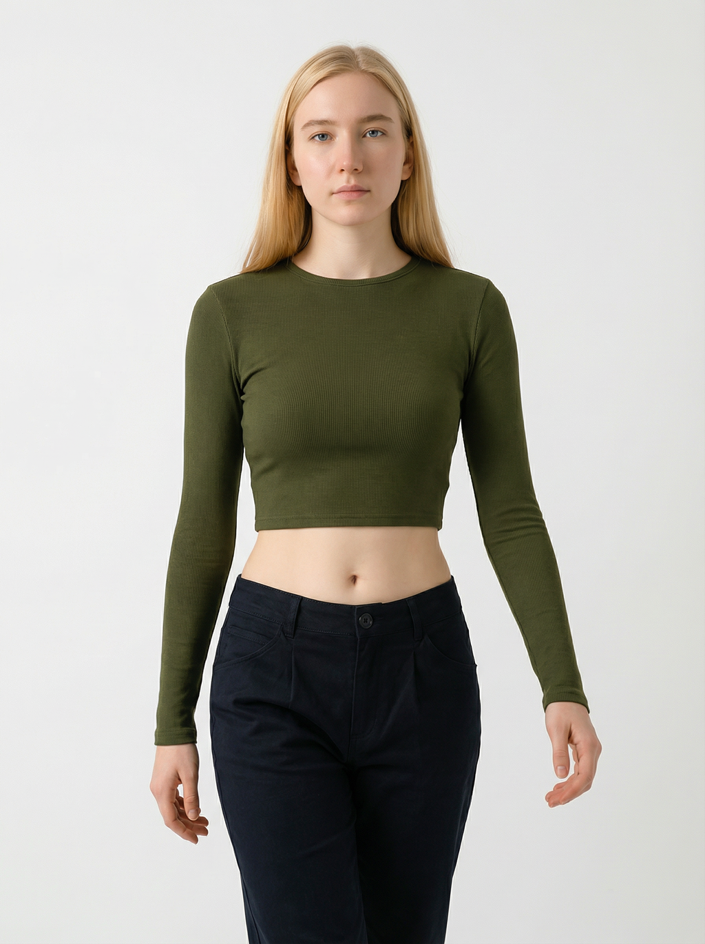 Maglia Top Crop Maniche Lunghe Aderente Verde Militare