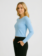 Maglia Top Crop Azzurro a Maniche Lunghe in Misto Cotone Elasticizzato