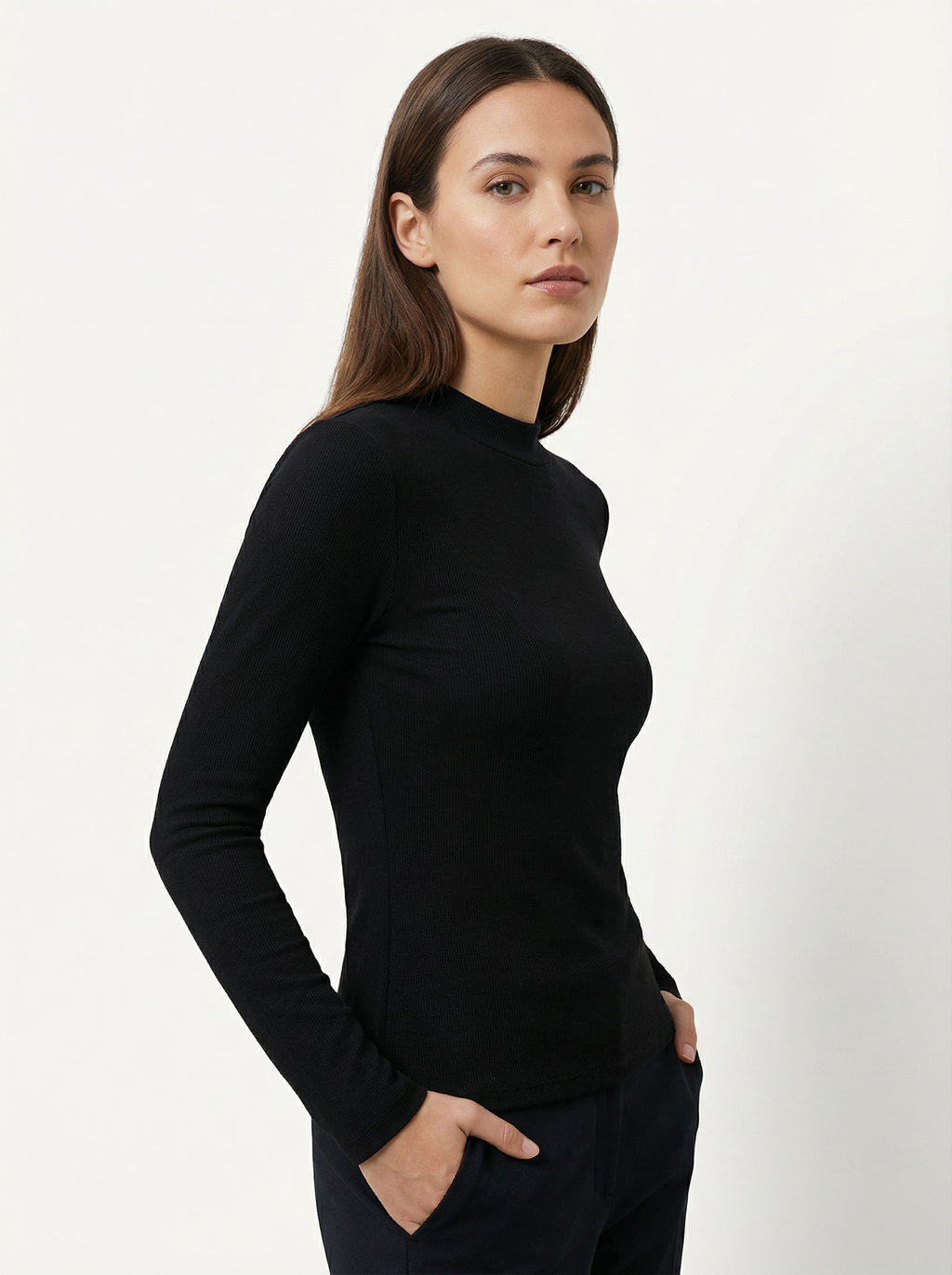 Maglia Top Slim Fit a Maniche Lunghe Nero con Collo Medio a Costine