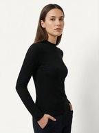 Maglia Top Slim Fit a Maniche Lunghe Nero con Collo Medio a Costine