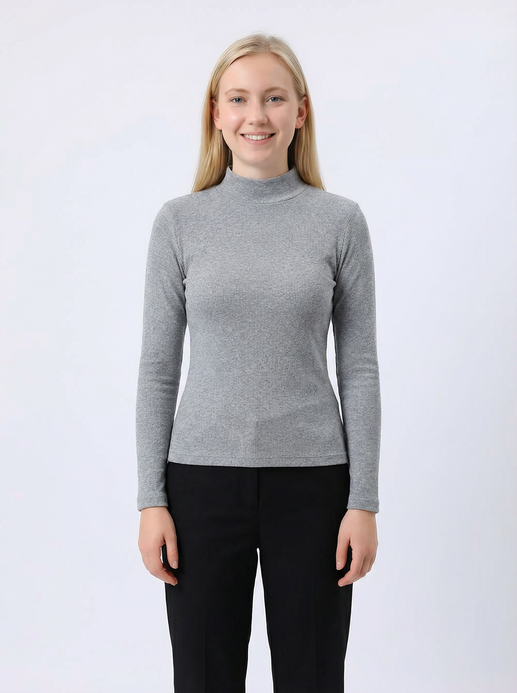 Maglia a Maniche Lunghe Grigia a Costine con Collo Alto