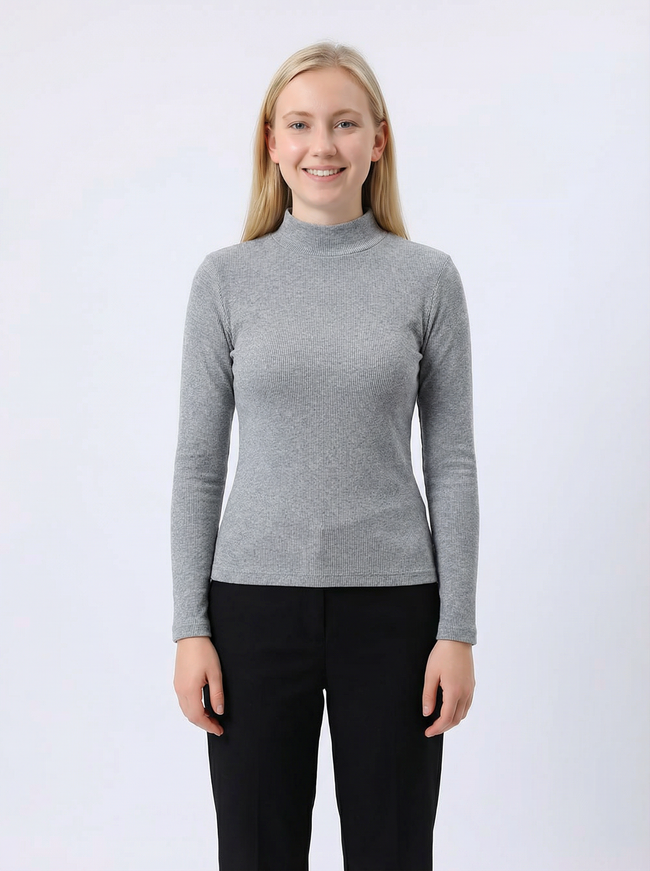 Maglia a Maniche Lunghe Grigia a Costine con Collo Alto Main Image