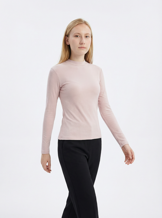 Maglia Mock Neck Donna Slim Fit a Maniche Lunghe in Misto Cotone Hover Image