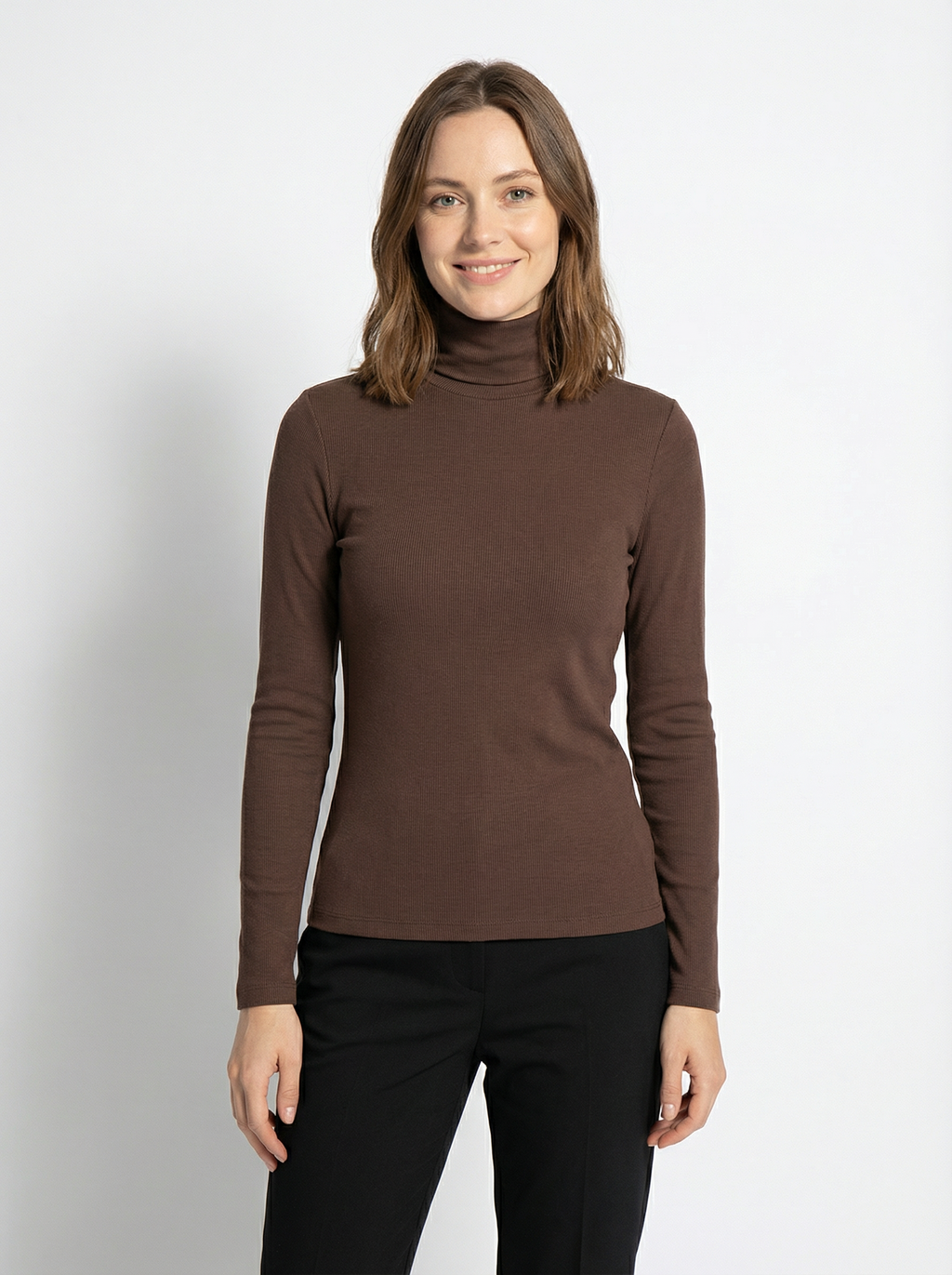 Maglia Donna a Collo Alto Marrone in Cotone Elasticizzato