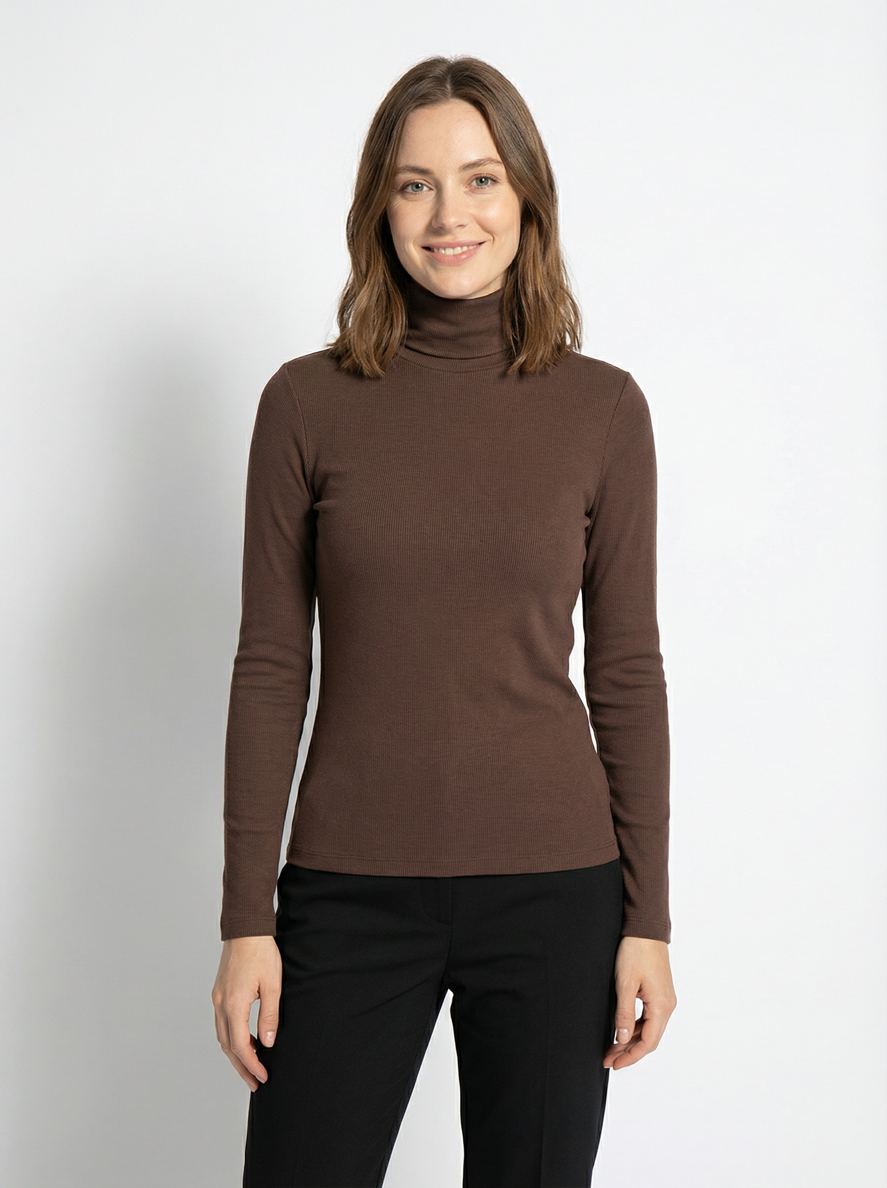 Maglia Donna a Collo Alto Marrone in Cotone Elasticizzato