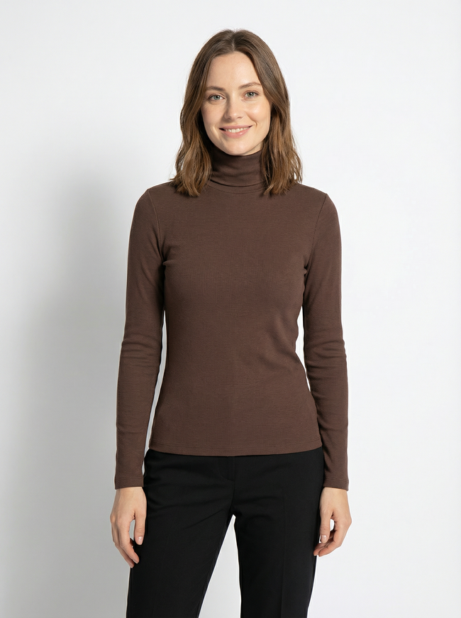 Maglia Donna a Collo Alto Marrone in Cotone Elasticizzato Hover Image