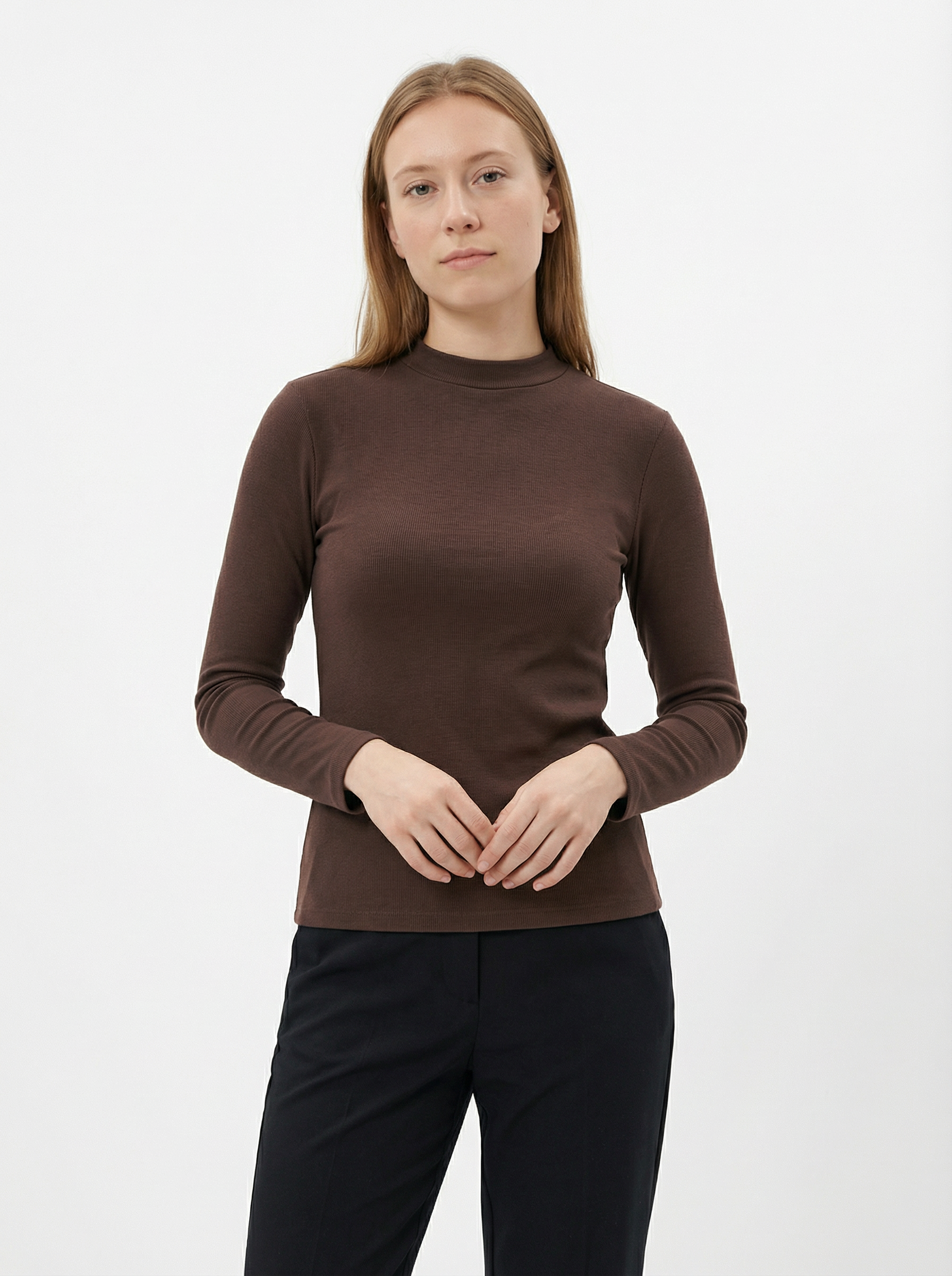 Maglia Donna a Collo Alto Marrone in Cotone Elasticizzato