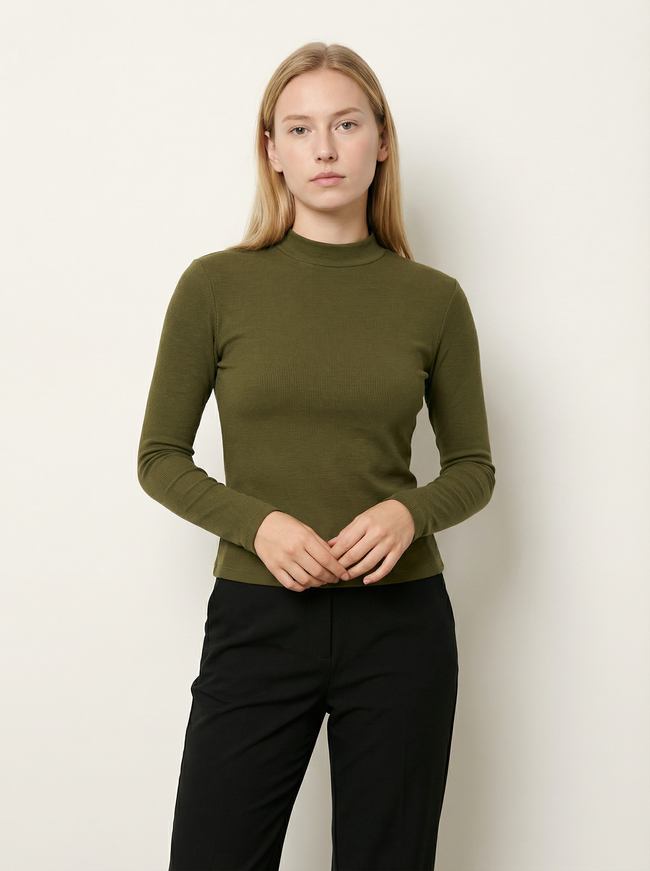 Maglia a Collo Alto da Donna in Costina Elasticizzata Verde Militare Hover Image