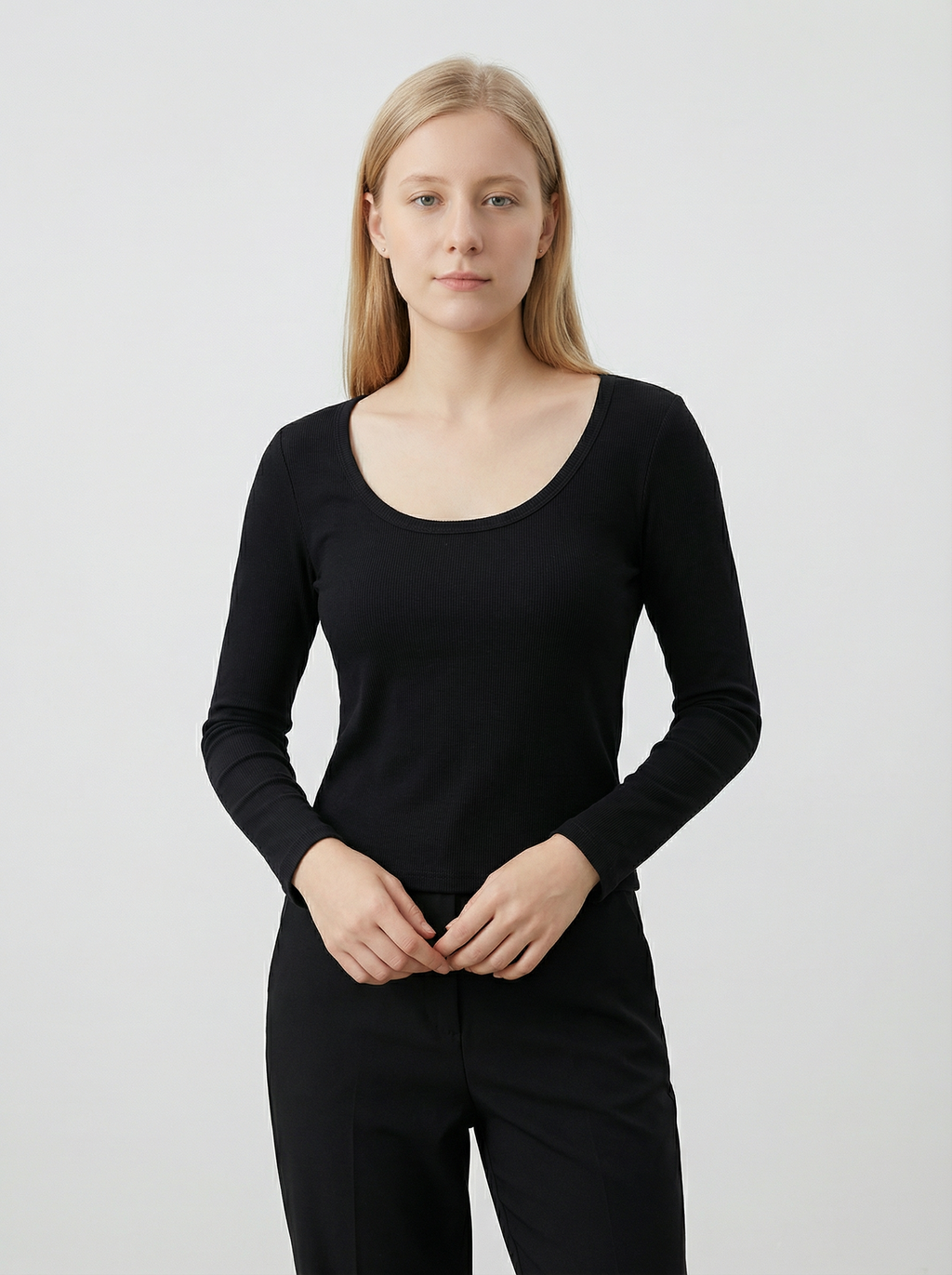 Maglia Basic Scollo a U Maniche Lunghe Borgogna in Misto Cotone Elasticizzato