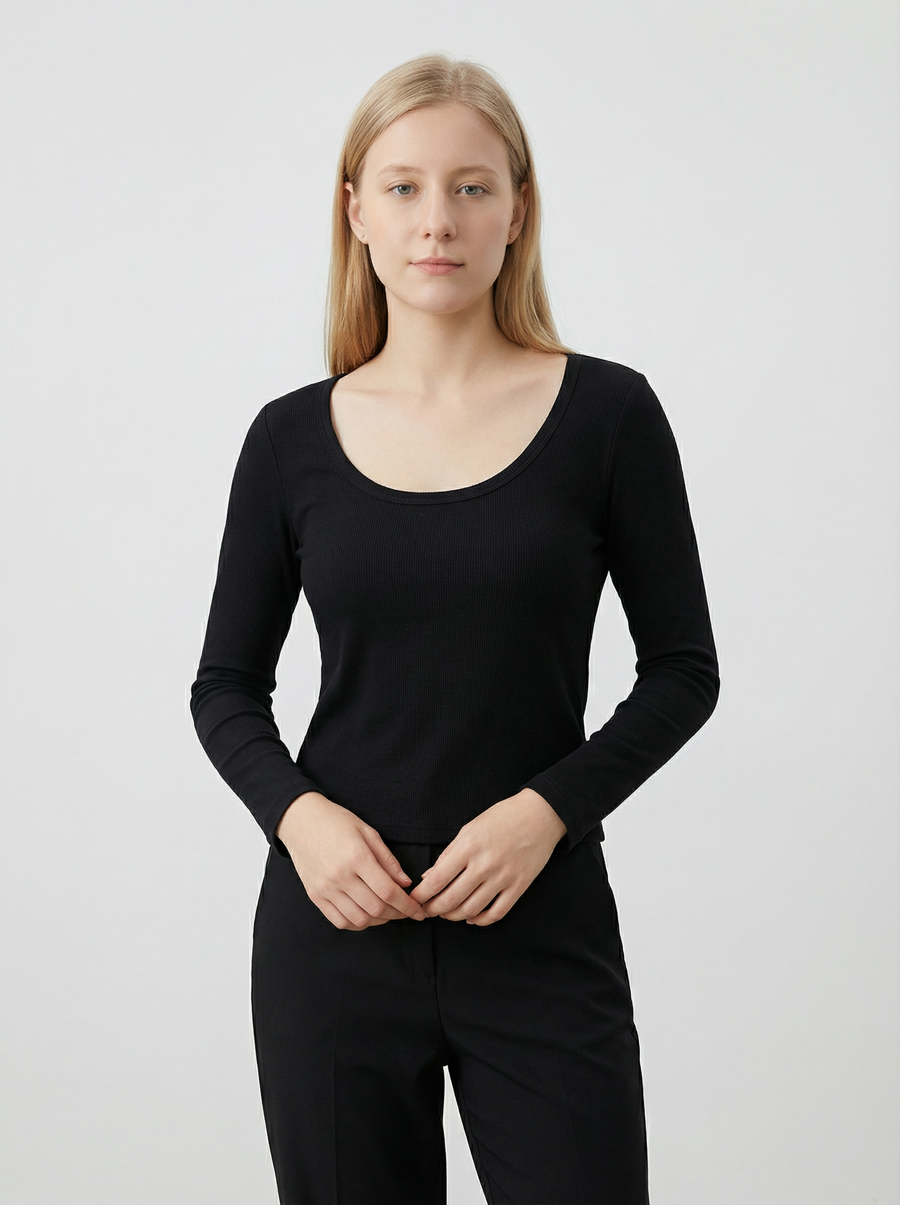 Maglia Basic Scollo a U Maniche Lunghe Borgogna in Misto Cotone Elasticizzato