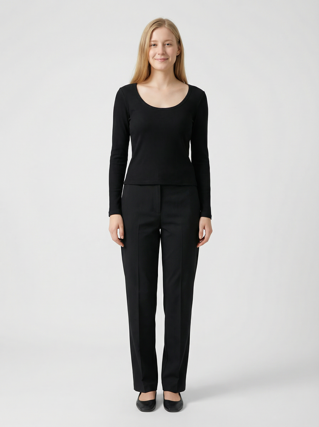 Maglia Basic Scollo a U Maniche Lunghe Borgogna in Misto Cotone Elasticizzato Main Image