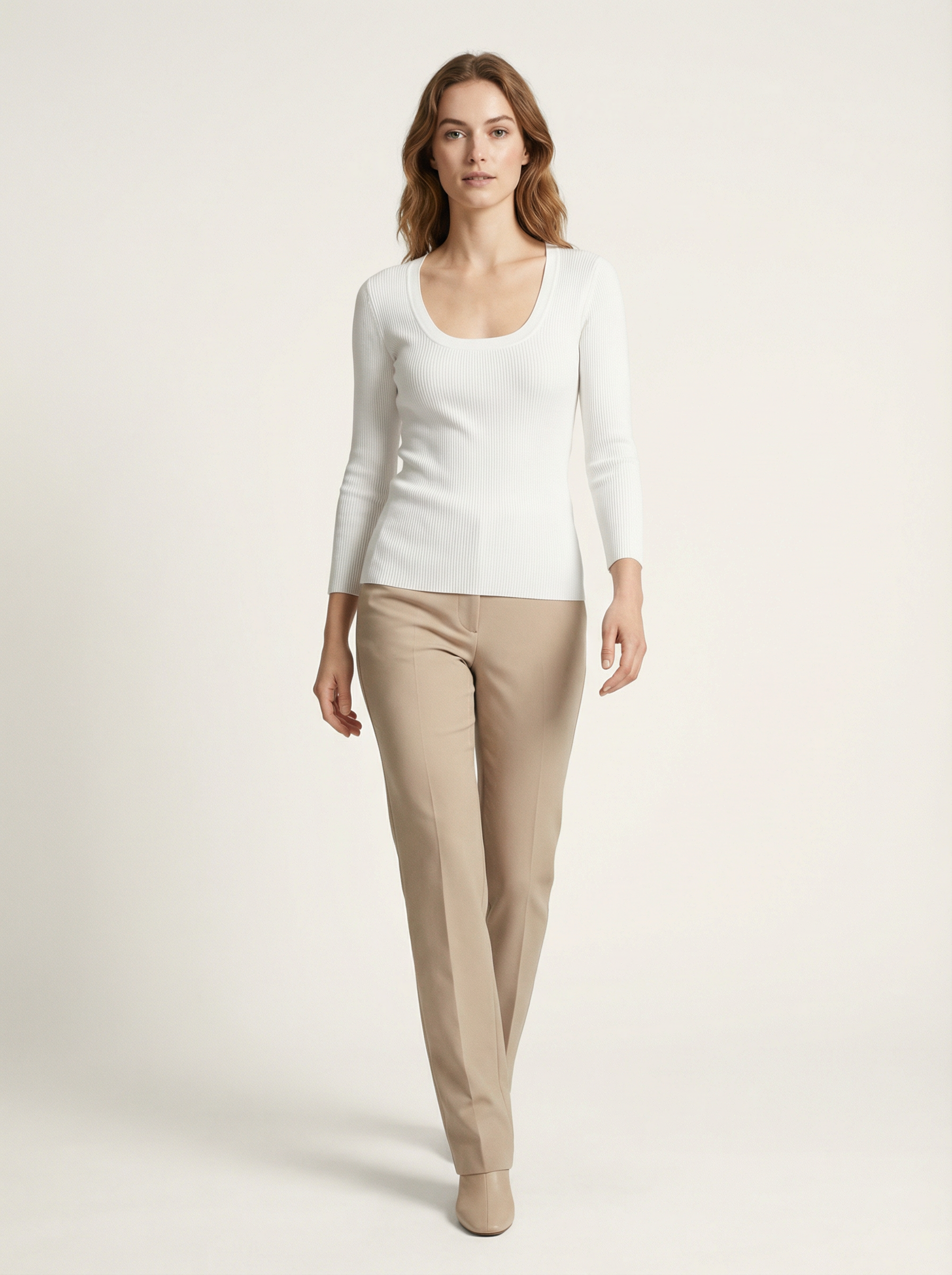 Maglia a Maniche Lunghe Scollo a U Basic in Cotone Elasticizzato