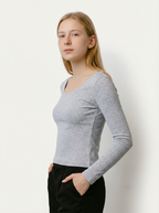 Maglia Basic Donna a Maniche Lunghe con Scollo a U Grigio