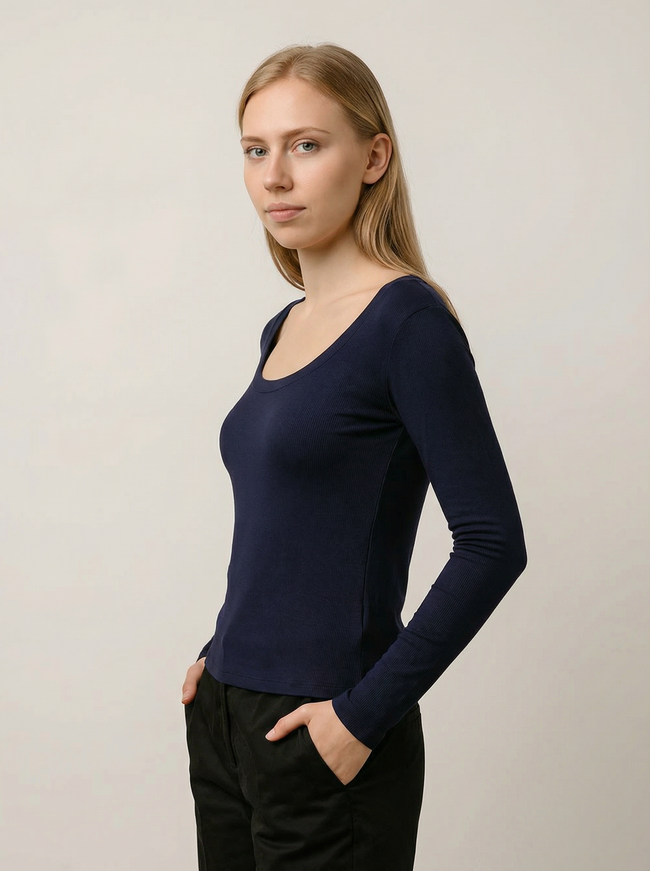 Maglia a Maniche Lunghe a Costine Scollo a U Blu Scuro Hover Image