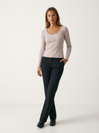 Maglia Basic a Costine Scollo a U Maniche Lunghe Caffè Chiaro