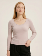 Maglia Basic a Costine Scollo a U Maniche Lunghe Caffè Chiaro