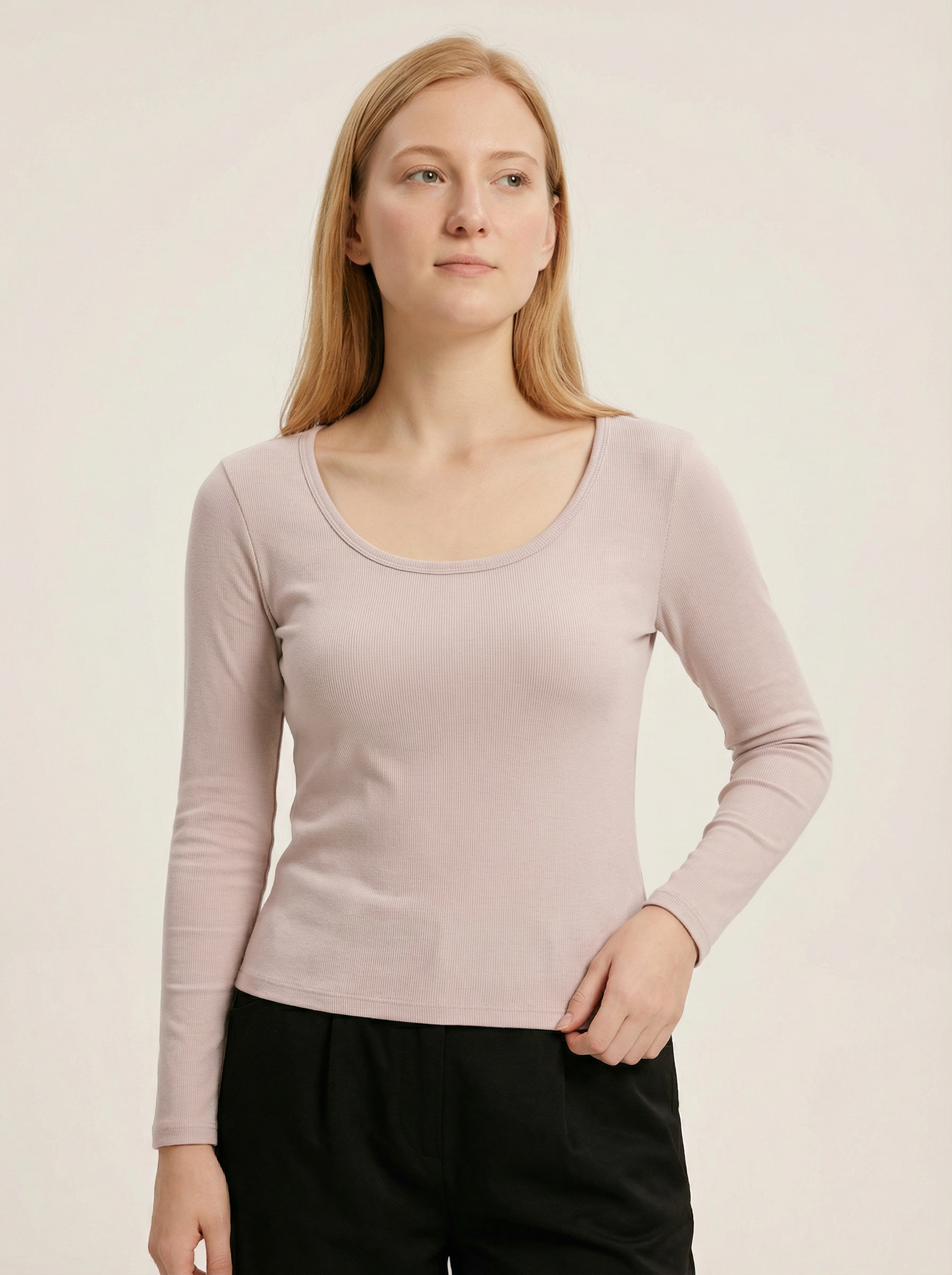 Maglia Basic a Costine Scollo a U Maniche Lunghe Caffè Chiaro