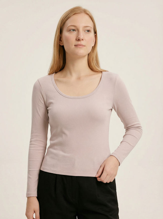 Maglia Basic a Costine Scollo a U Maniche Lunghe Caffè Chiaro Main Image