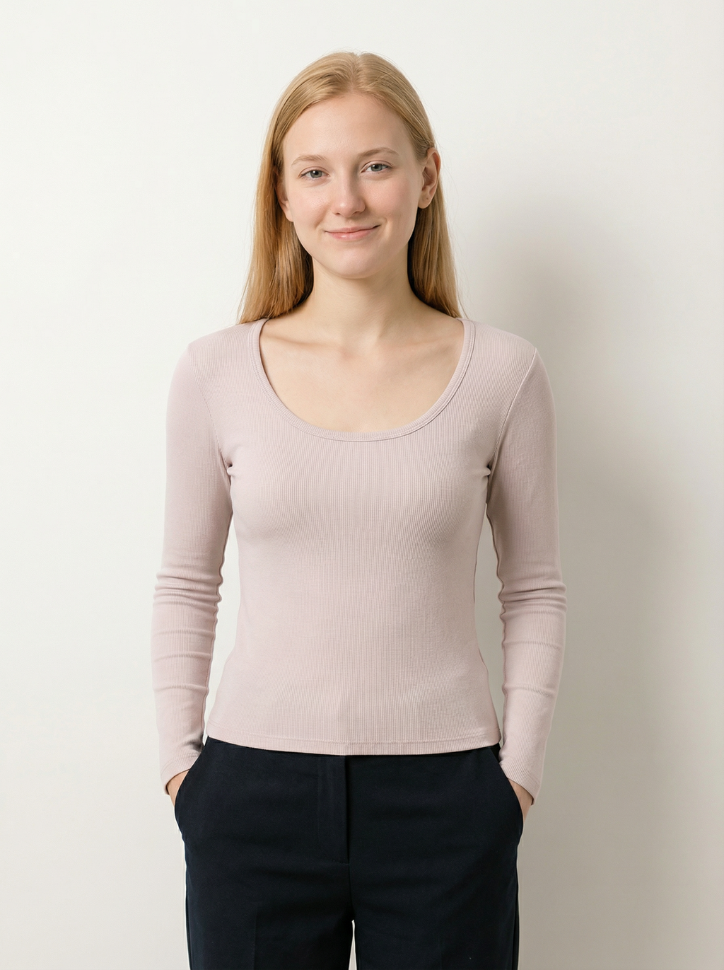 Maglia Basic a Costine Scollo a U Maniche Lunghe Caffè Chiaro