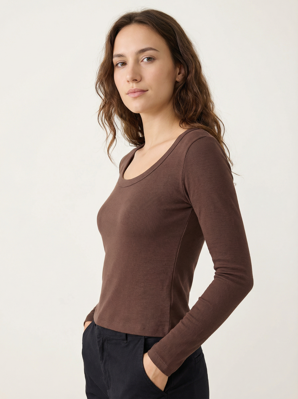 Maglia Donna Basic Maniche Lunghe Scollo U, Cotone e Viscosa