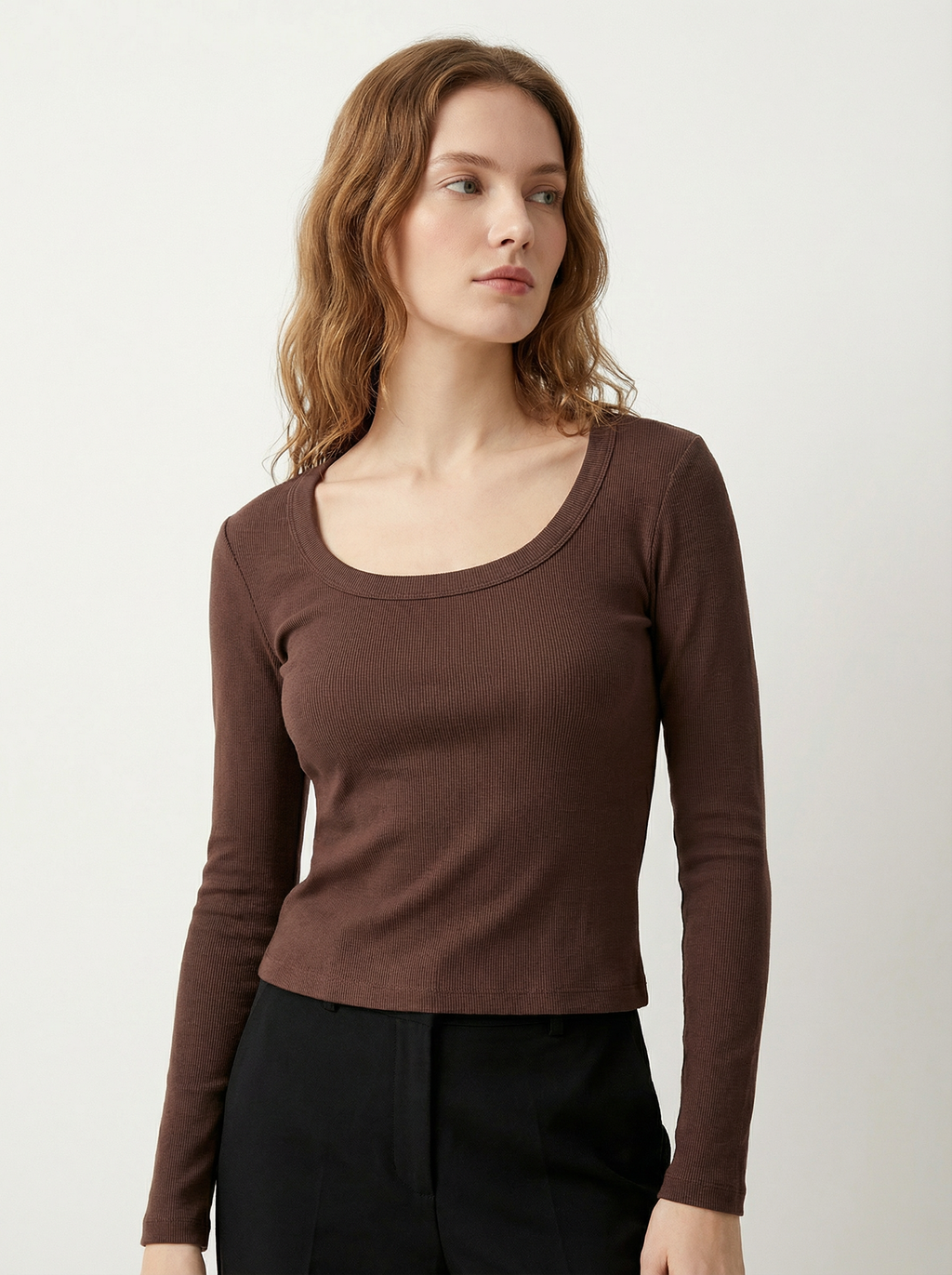 Maglia Donna Basic Maniche Lunghe Scollo U, Cotone e Viscosa