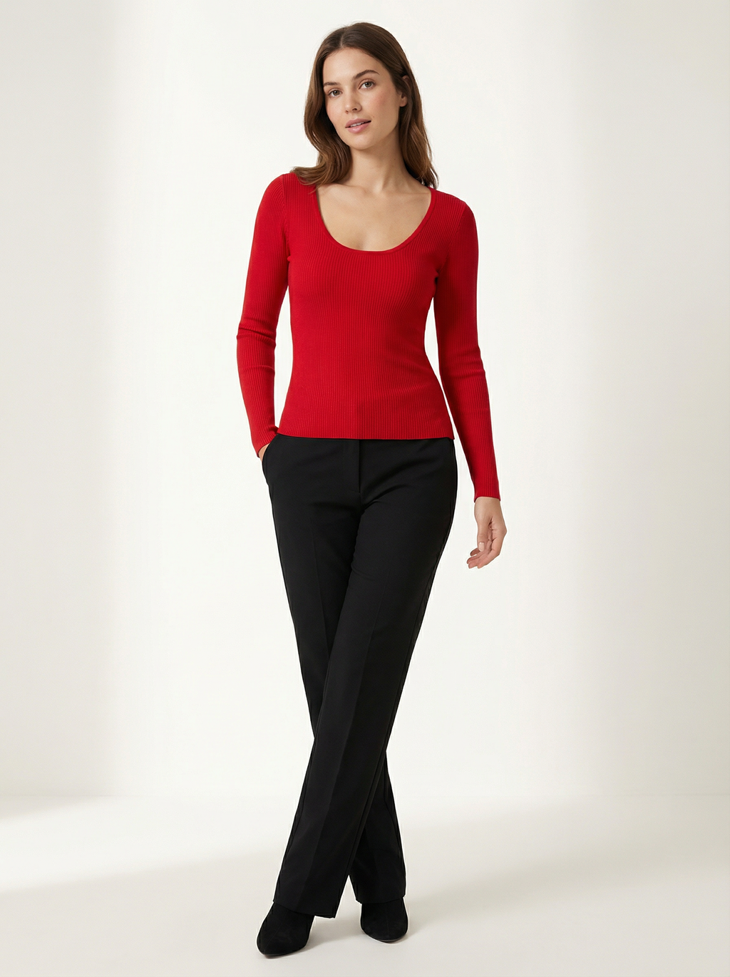 Maglia Maglietta Basica Scollo a U a Maniche Lunghe in Cotone e Viscosa Rossa