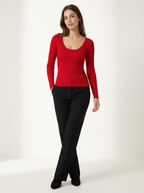 Maglia Maglietta Basica Scollo a U a Maniche Lunghe in Cotone e Viscosa Rossa