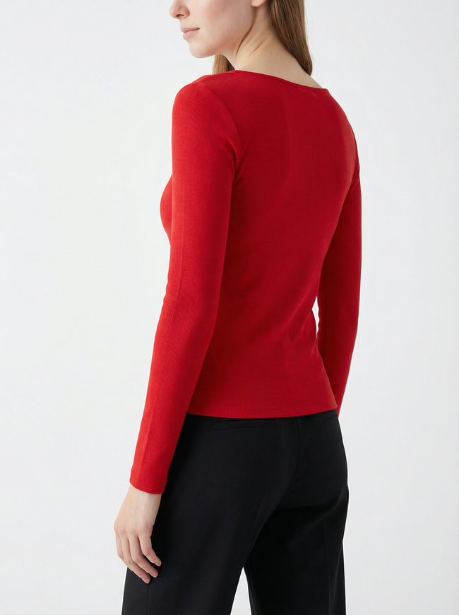 Maglia Maglietta Basica Scollo a U a Maniche Lunghe in Cotone e Viscosa Rossa Main Image