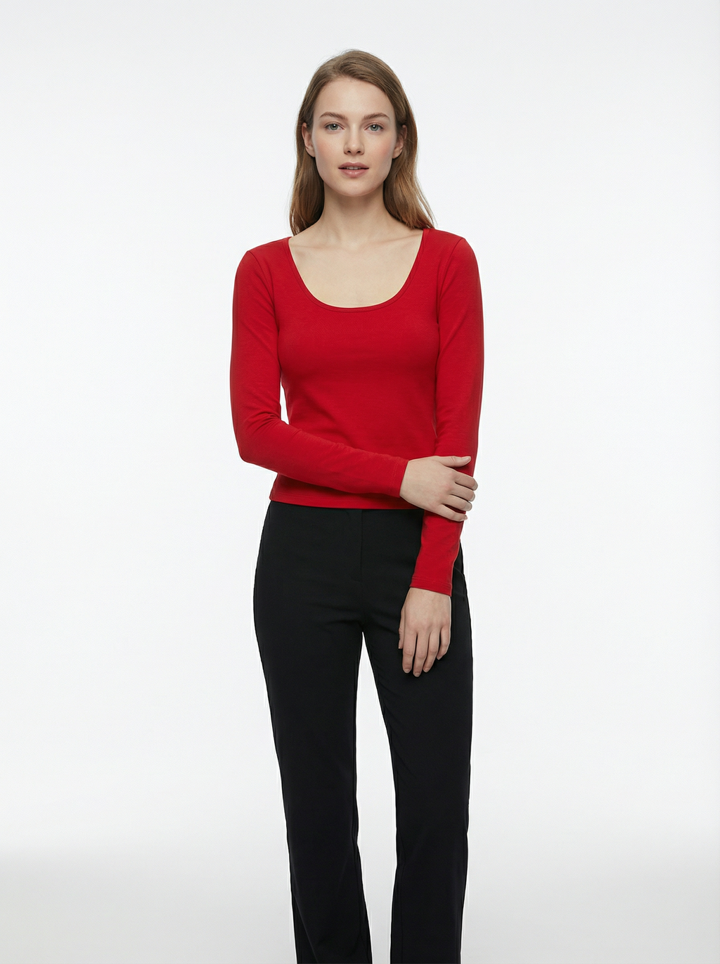 Maglia Maglietta Basica Scollo a U a Maniche Lunghe in Cotone e Viscosa Rossa