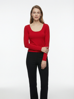 Maglia Maglietta Basica Scollo a U a Maniche Lunghe in Cotone e Viscosa Rossa